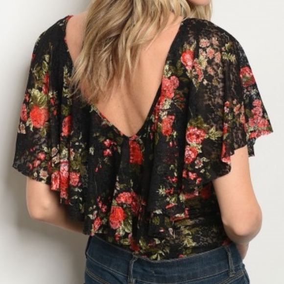 Floral, Lace V Back & Front Bodysuit - Picture 3 of 8